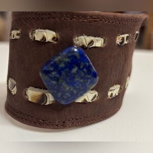 New Hand Crafted Brown Leather Bracelet with Blue Stone